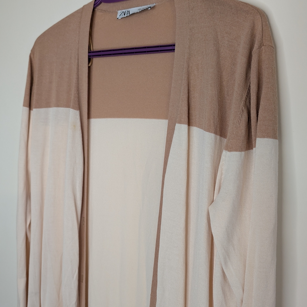 Zara Tan and Cream Long Cardigan Sweater Lightweight Knit